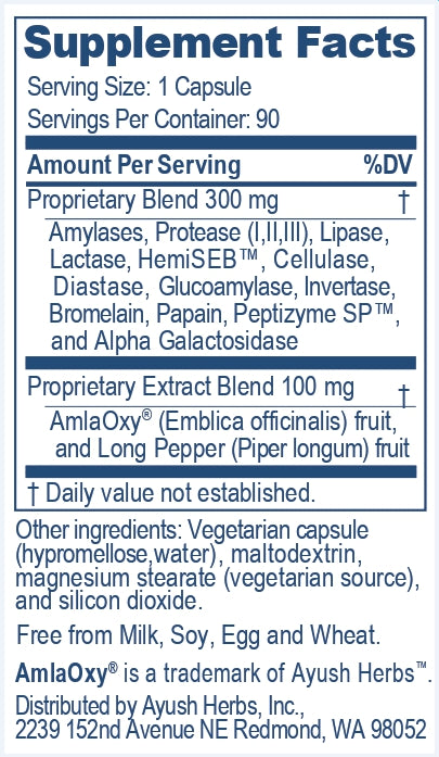 Supplement facts of Vegezyme, a supplement of Ayush Herbs